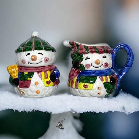 Vintage Snowman Cream Pitcher Sugar Bowl Set Artisan Ceramic Winter Christmas - Picture 16 of 16